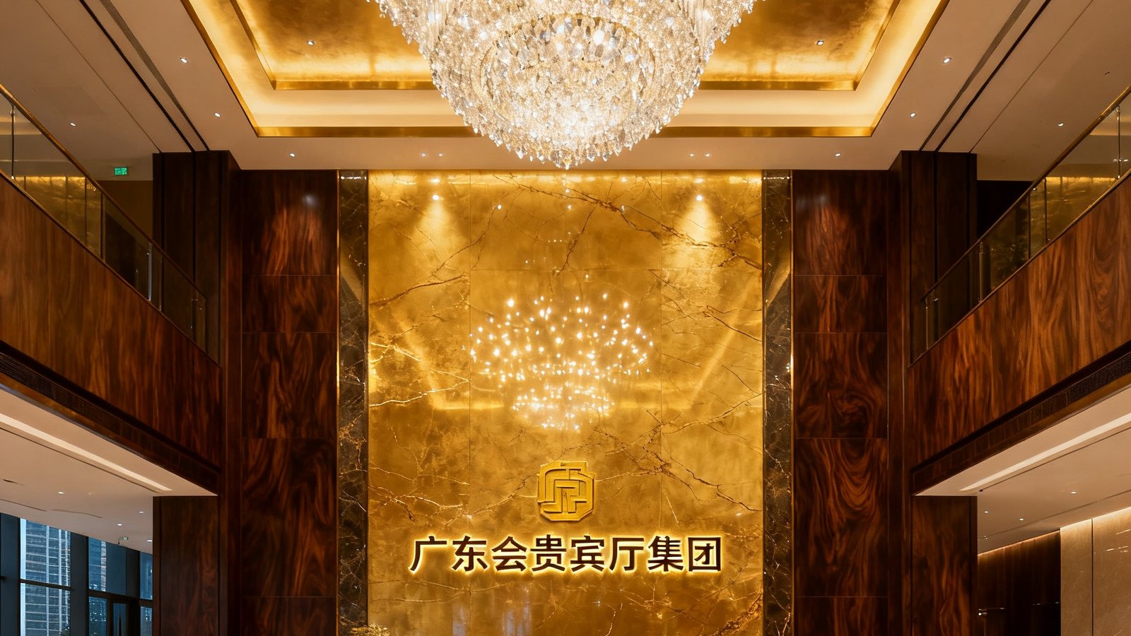 广东会贵宾厅集团位于广州珠江新城的总部接待大厅，挑高八米的大堂以金色大理石与深色胡桃木装饰，中央悬挂大型水晶吊灯，前台背景墙镶嵌集团金色标识，整体氛围庄重而奢华，展现高端商务贵宾服务品牌形象。