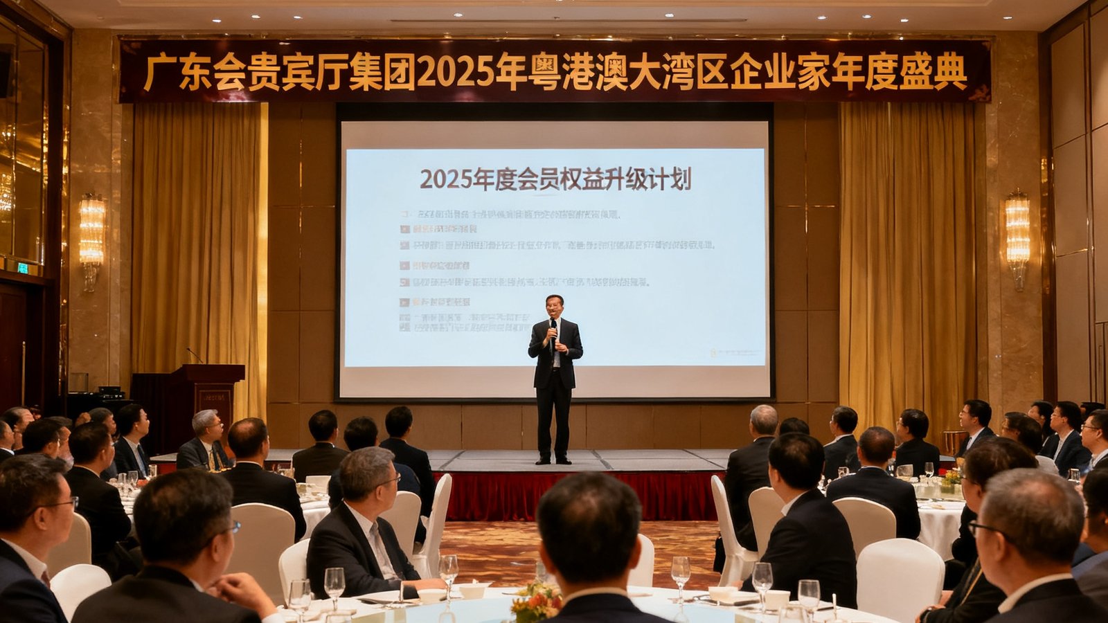 广东会贵宾厅集团于2025年1月举办的粤港澳大湾区企业家年度盛典，在广州四季酒店宴会厅举行，400余位企业家齐聚一堂，现场发布了2025年度会员权益升级计划。