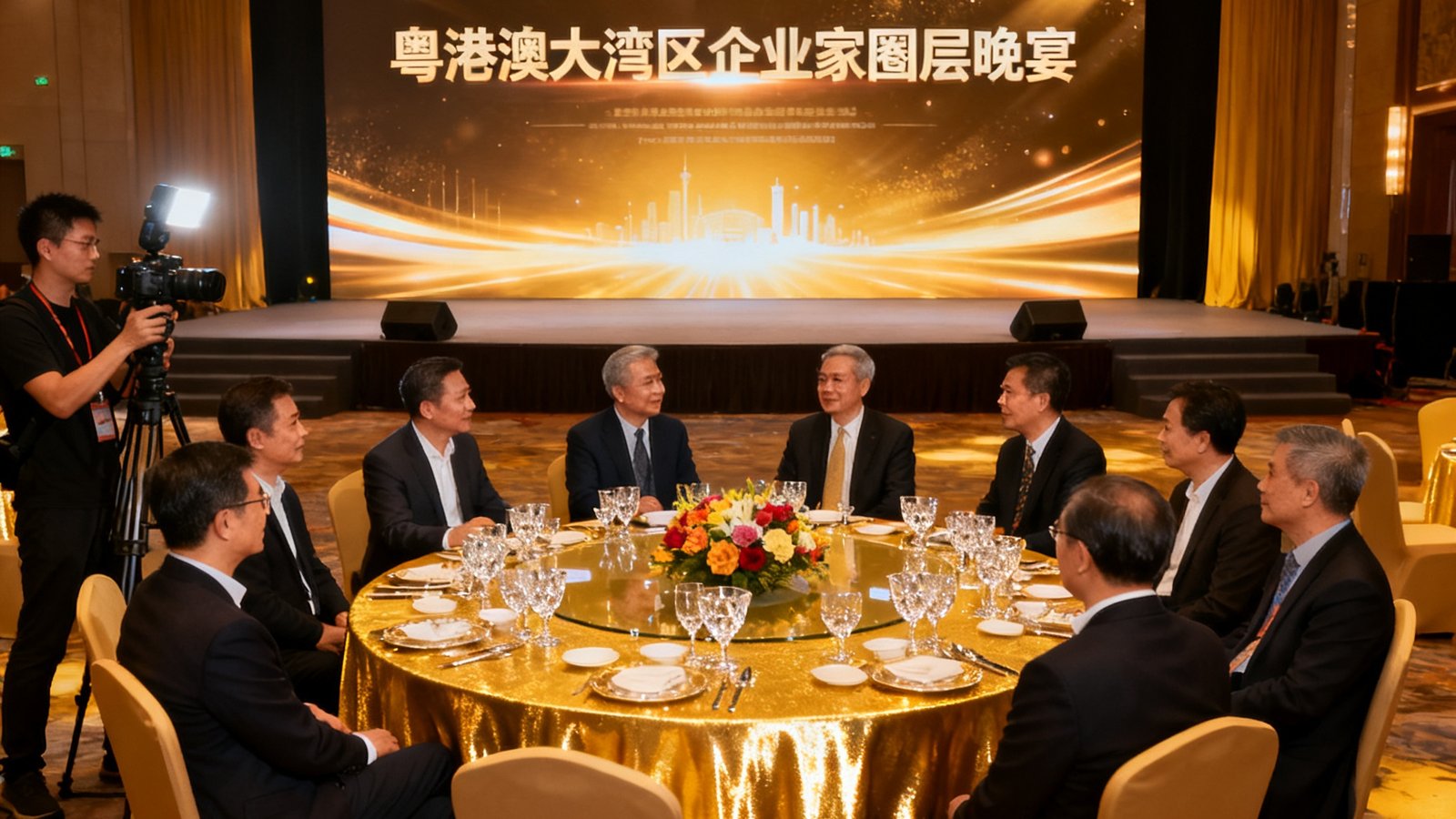 广东会贵宾厅集团主办的粤港澳大湾区企业家圈层晚宴现场，圆形宴会桌铺设金色桌布，每桌8位企业家正进行深入交流，舞台背景LED屏幕显示活动主题，专业摄影师正在记录这一高端社交场景。