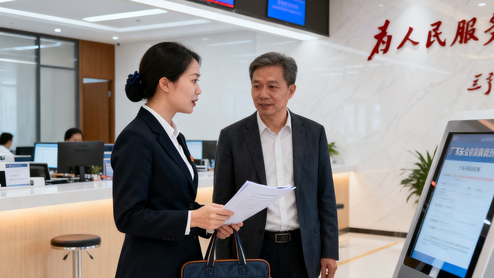 广东会贵宾厅集团专属政务对接顾问陪同企业家走进政府服务大厅的场景，顾问身着深色职业装，手持文件袋，正在为企业家讲解政策申报流程，背景是现代化政务服务窗口，展现专业高效的陪同服务。