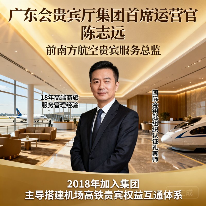 广东会贵宾厅集团首席运营官陈志远先生，前南方航空贵宾服务总监，拥有18年高端商旅服务管理经验，国际金钥匙组织认证礼宾师，2018年加入集团并主导搭建了机场高铁贵宾权益互通体系。