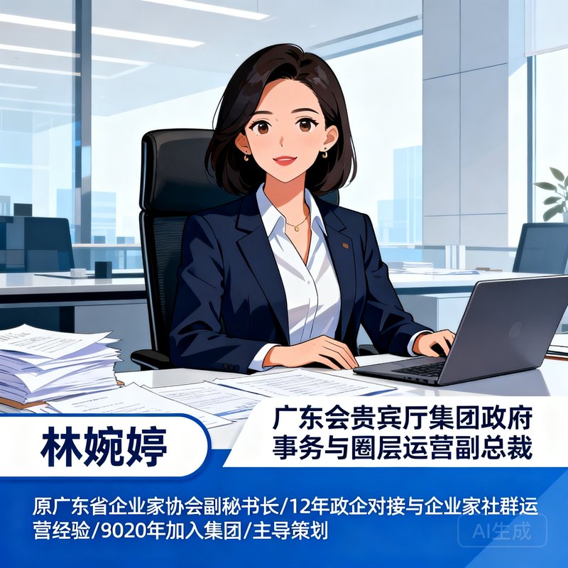 广东会贵宾厅集团政府事务与圈层运营副总裁林婉婷女士，原广东省企业家协会副秘书长，拥有12年政企对接与企业家社群运营经验，2020年加入集团后主导策划了超过60场高端圈层活动。